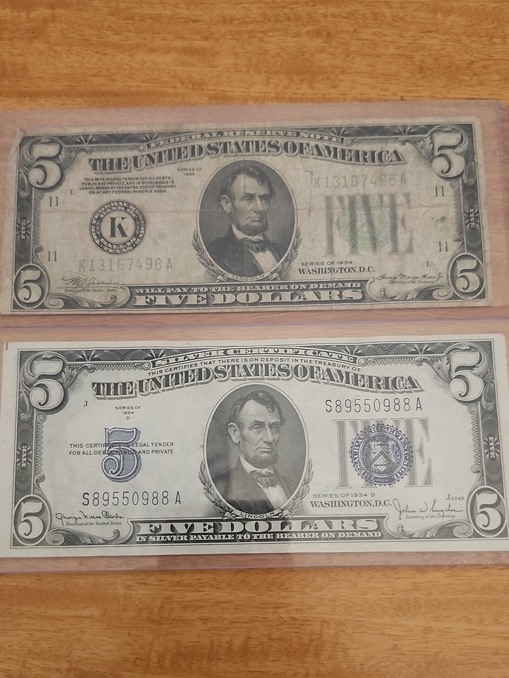 Two 1935 Five Dollar Bills Silver Certificate And Regular Light Green Stamp